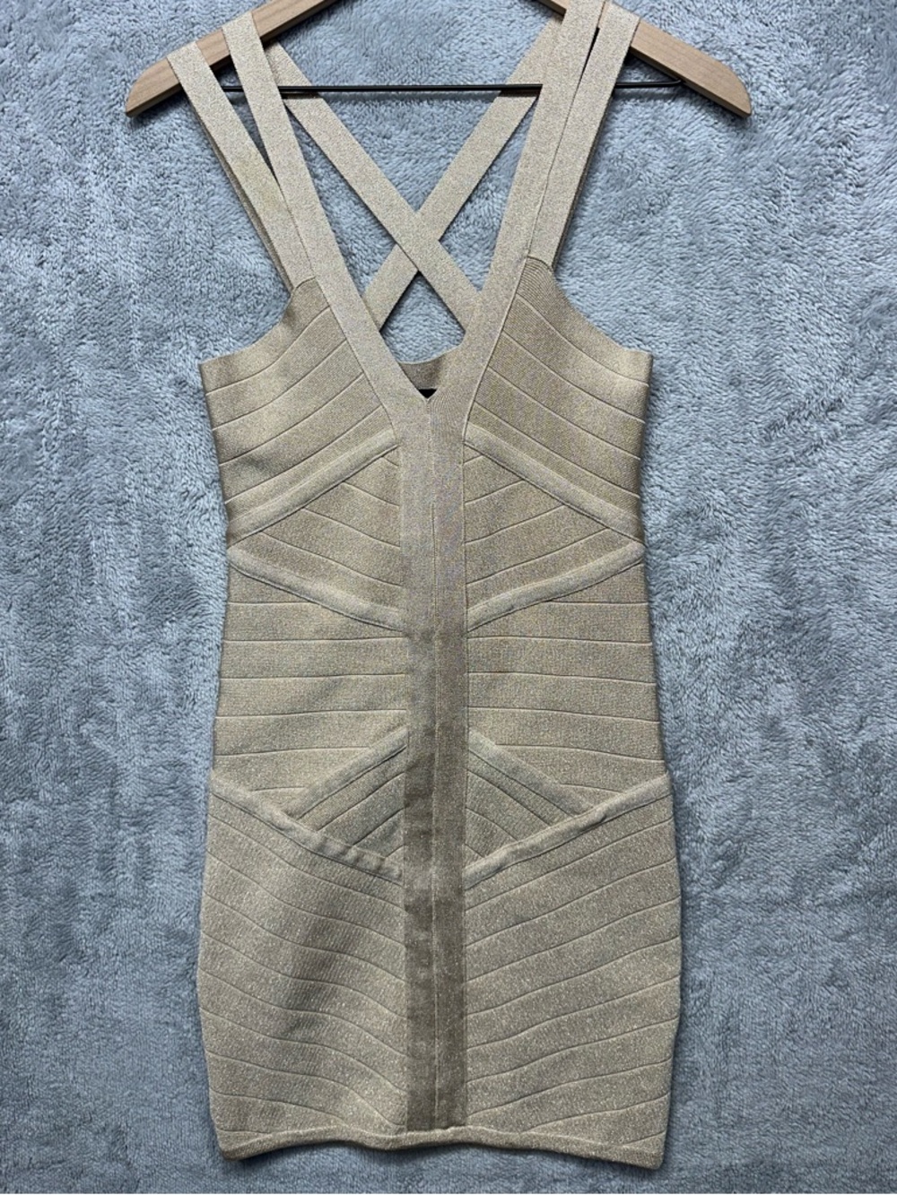 Bebe Gold Bandage Dress Medium Strappy Back Bodycon Metallic Cocktail Party Y2K